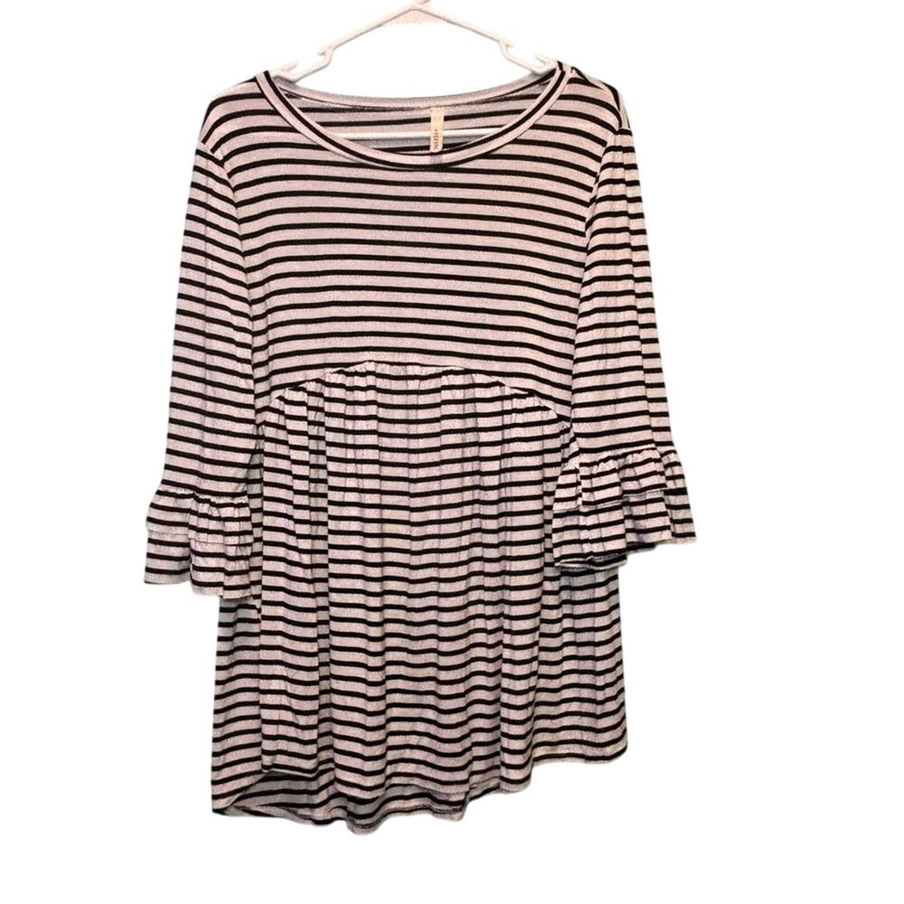 Cezanne Womens Black & White Striped Tunic Top L Flowy Lagenlook Ruffle Sleeve